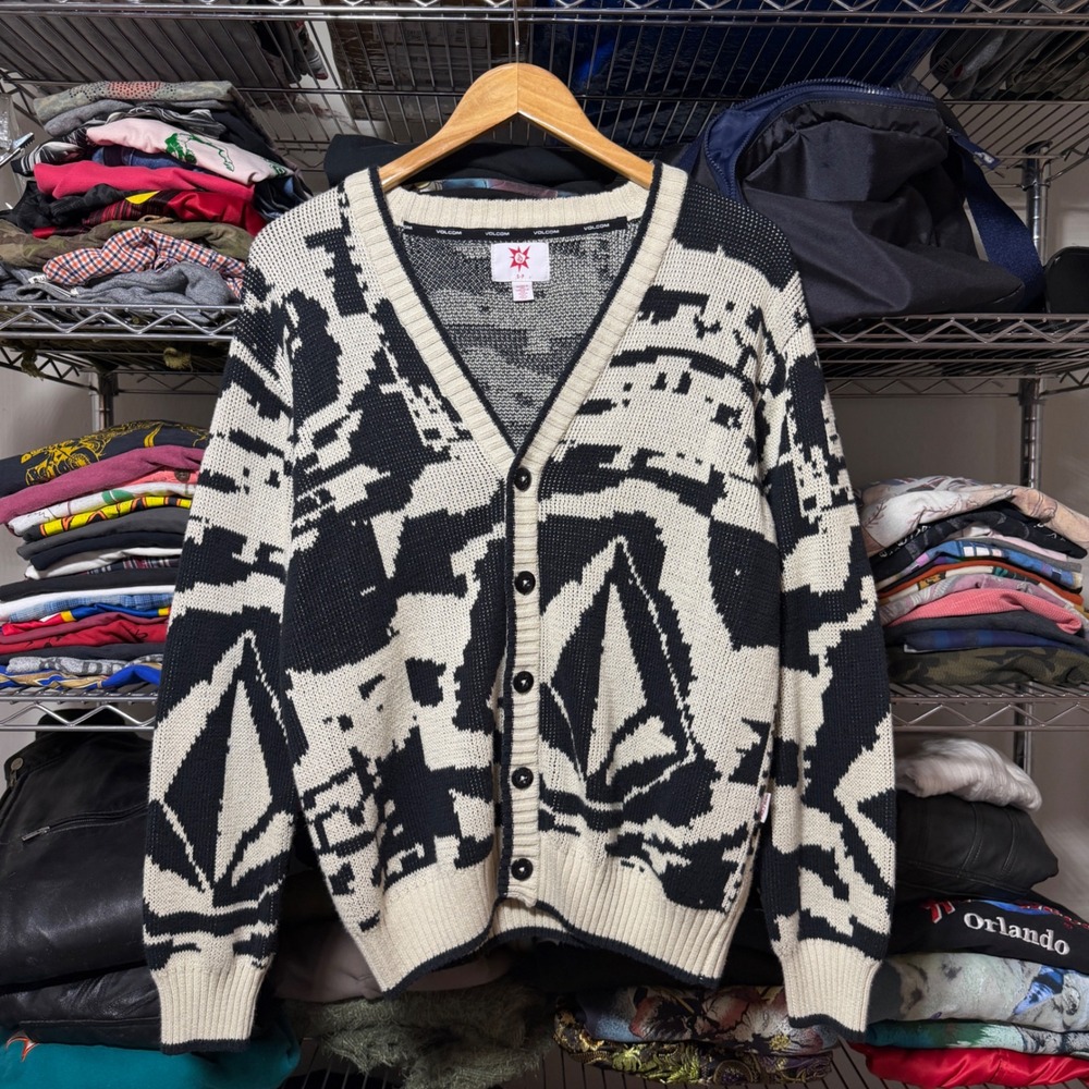 Volcom Cardigan Mens Small Black White Stone Logo Knit Button Sweater Streetwear